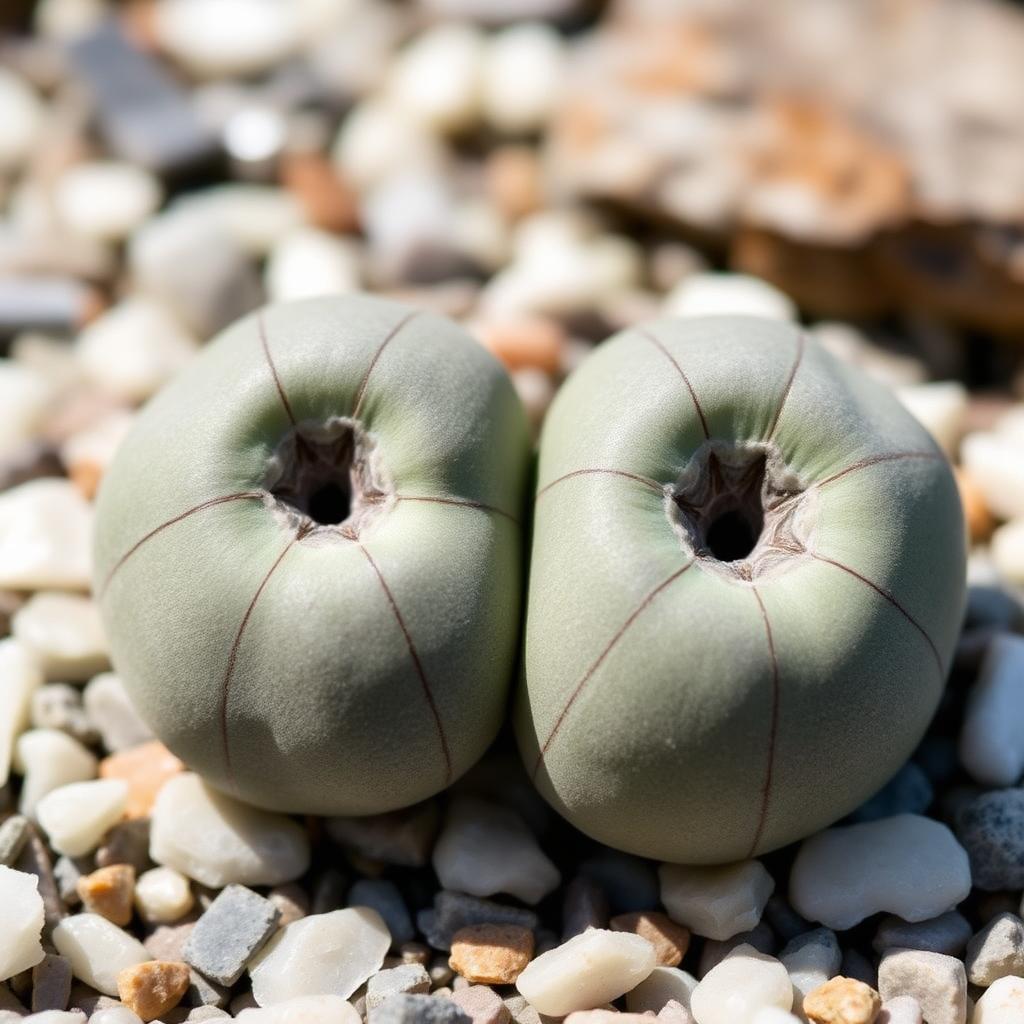 Lithops comptonii — grey-green stone-like bodies in quartz gravel (AI reference)