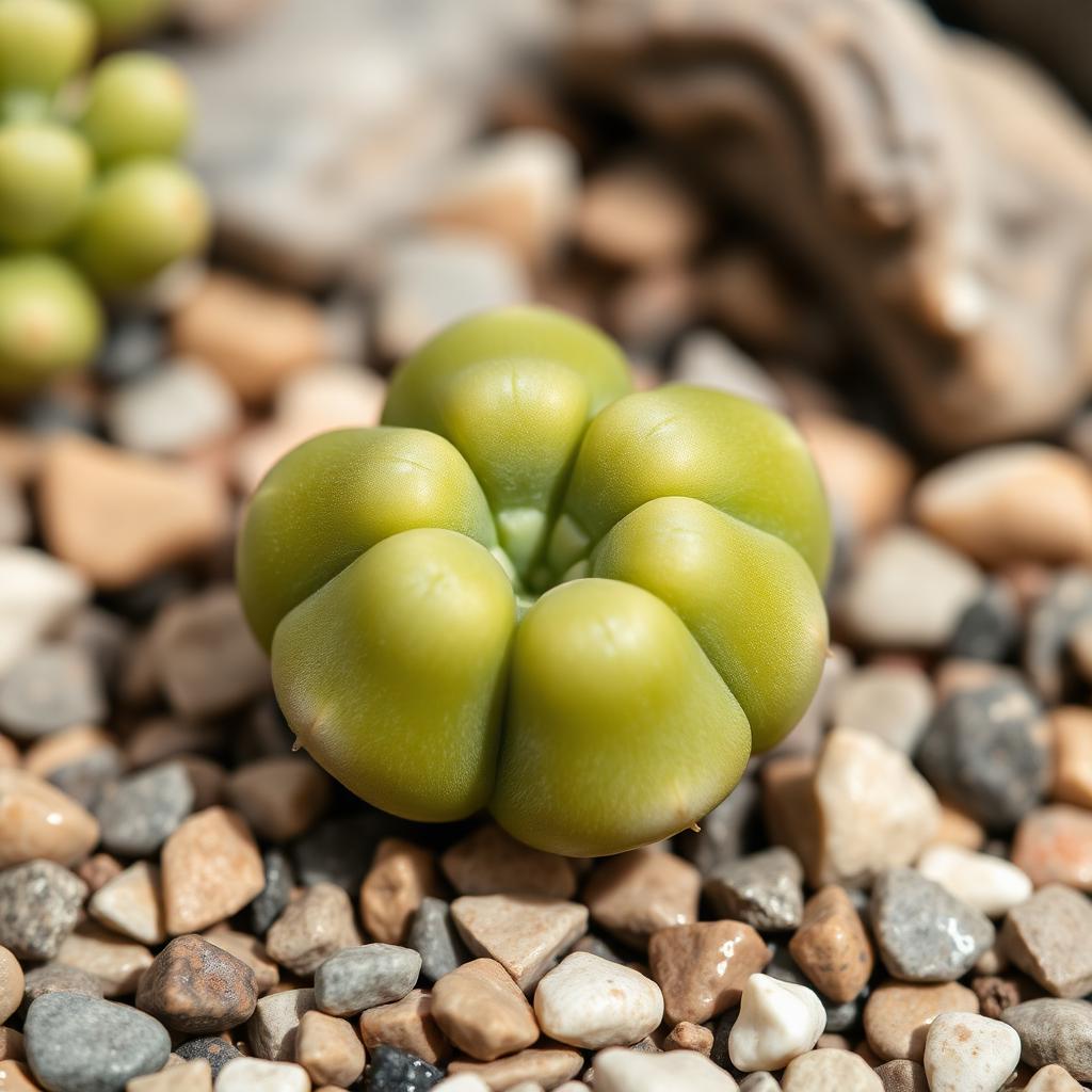 Lithops coleorum — small olive-green clump in mineral substrate (AI reference)