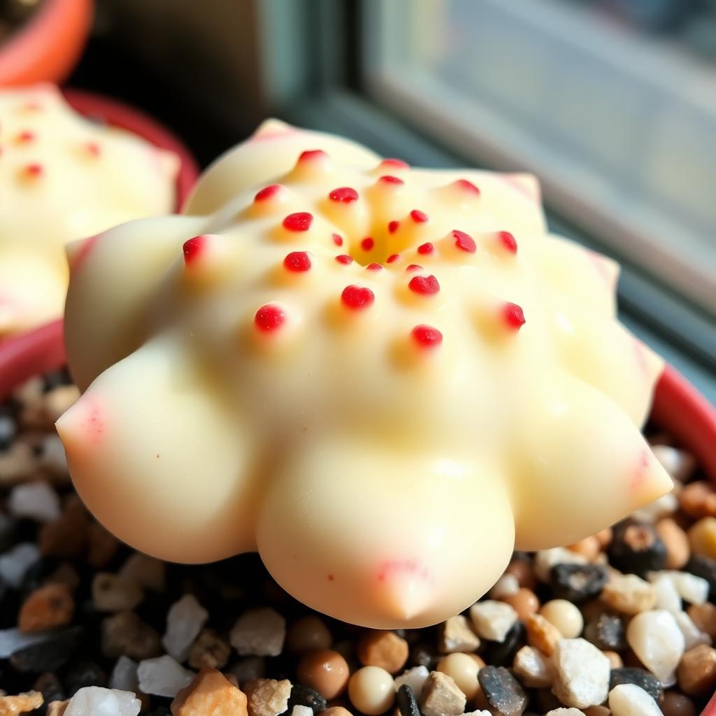 Lithops dorotheae — cream body with vivid red rubrications (AI reference)