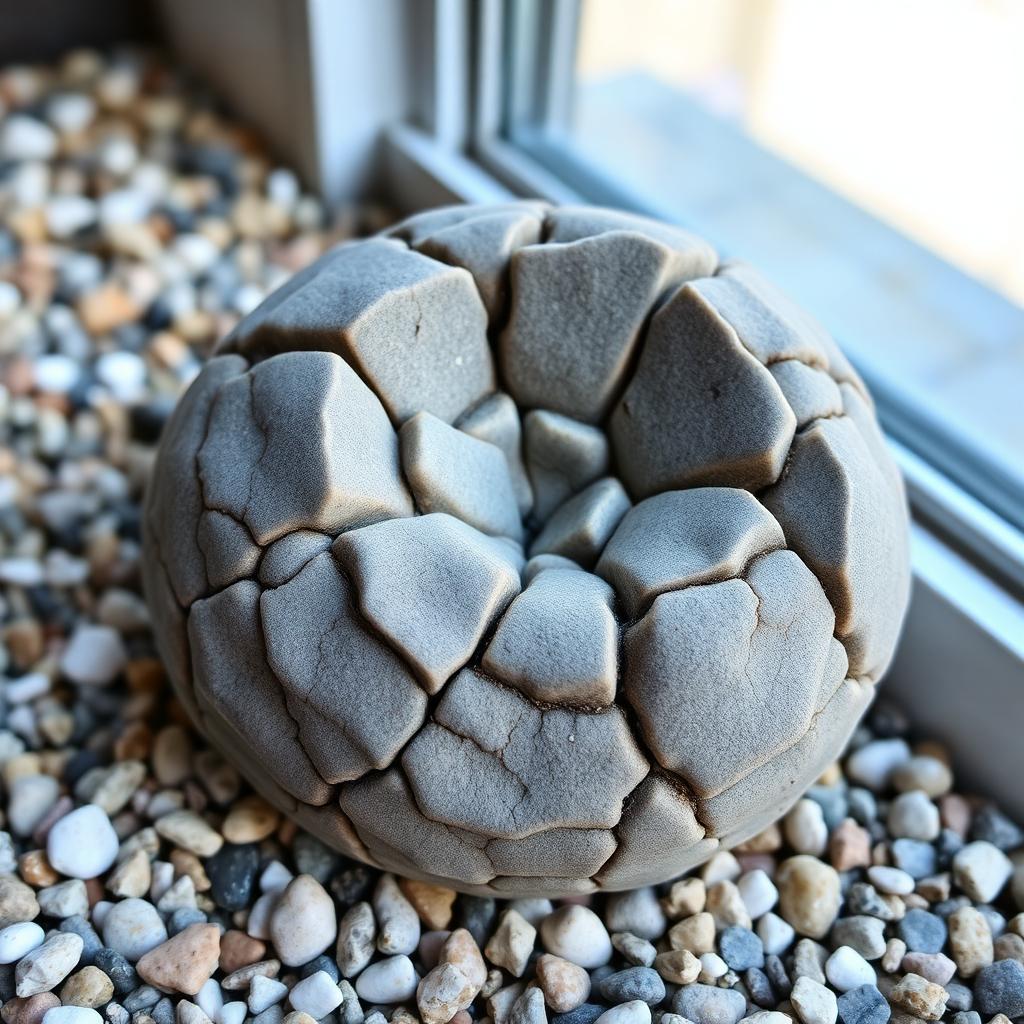 Lithops otzeniana — grey body with large broken-island window pattern (AI reference)