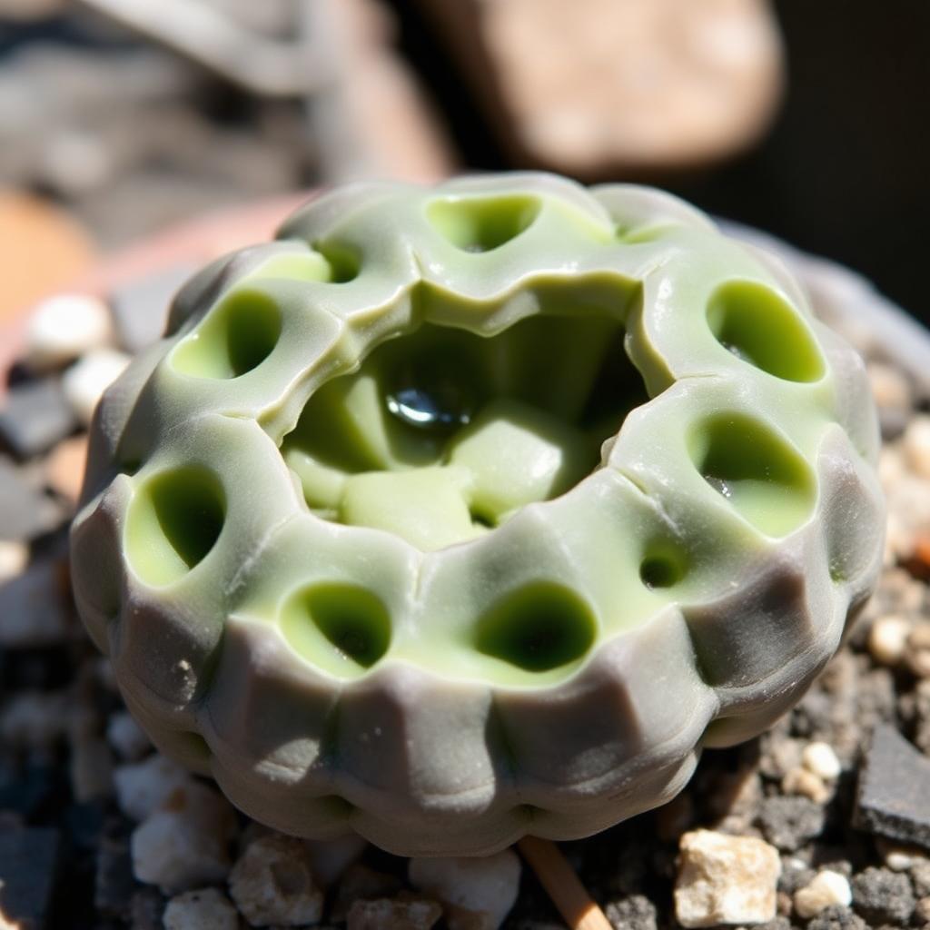 Lithops helmutii — grey-green body with translucent windows (AI reference)