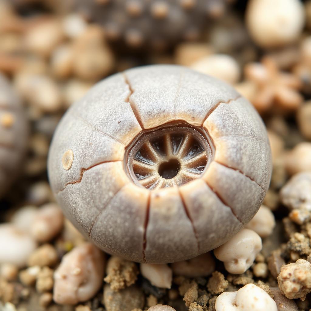 Lithops francisci — small grey-tan body with reticulated window (AI reference)