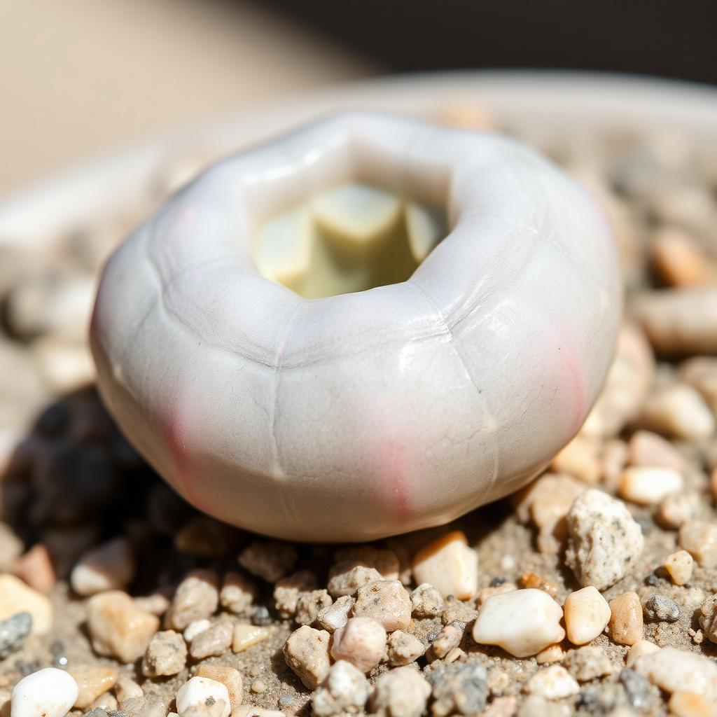Lithops villetii — pale grey body with pinkish cast and sparse markings (AI reference)