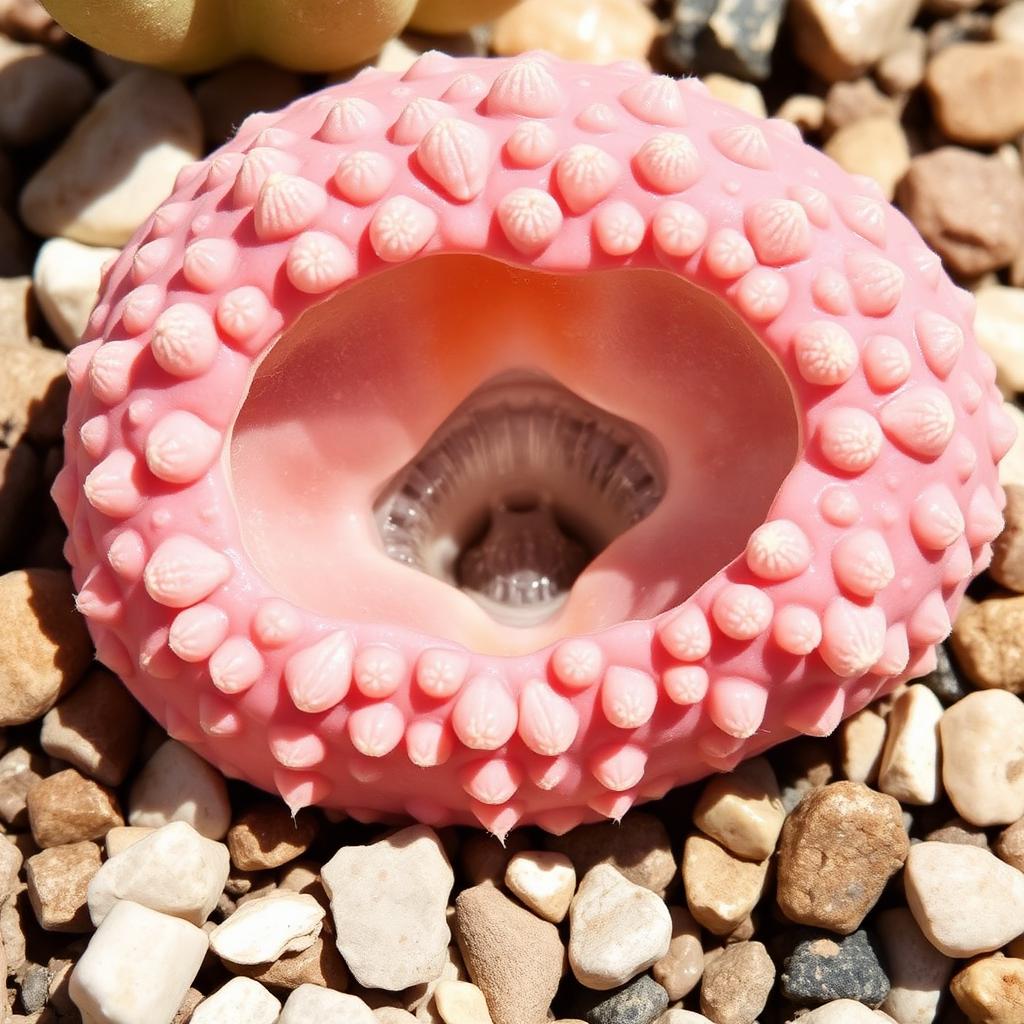 Lithops verruculosa — pinkish body with characteristic raised tubercles (AI reference)